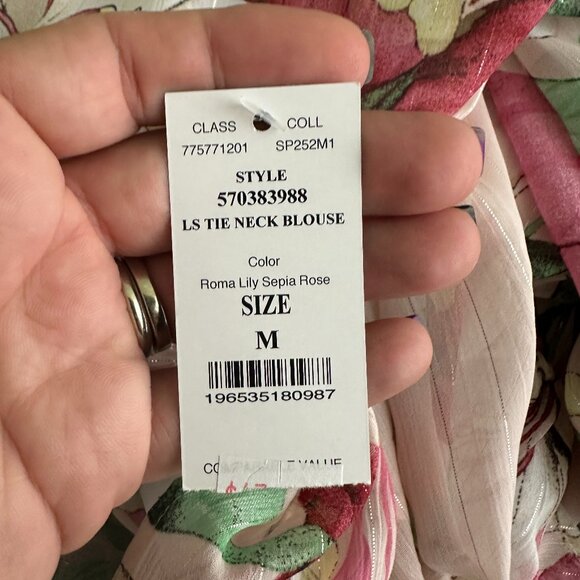 NWT White House Black Market Top M Long Sleeve Tie Neck Blouse Pink #WHBM6 - Picture 5 of 8